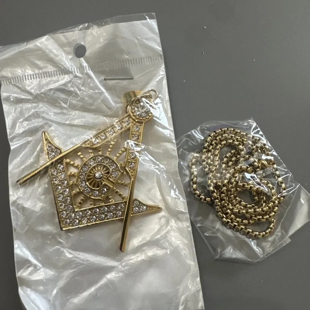Free Mason Stainless Steel Freemason Symbol Masonic Pendant 24” Chain Gold Plate
